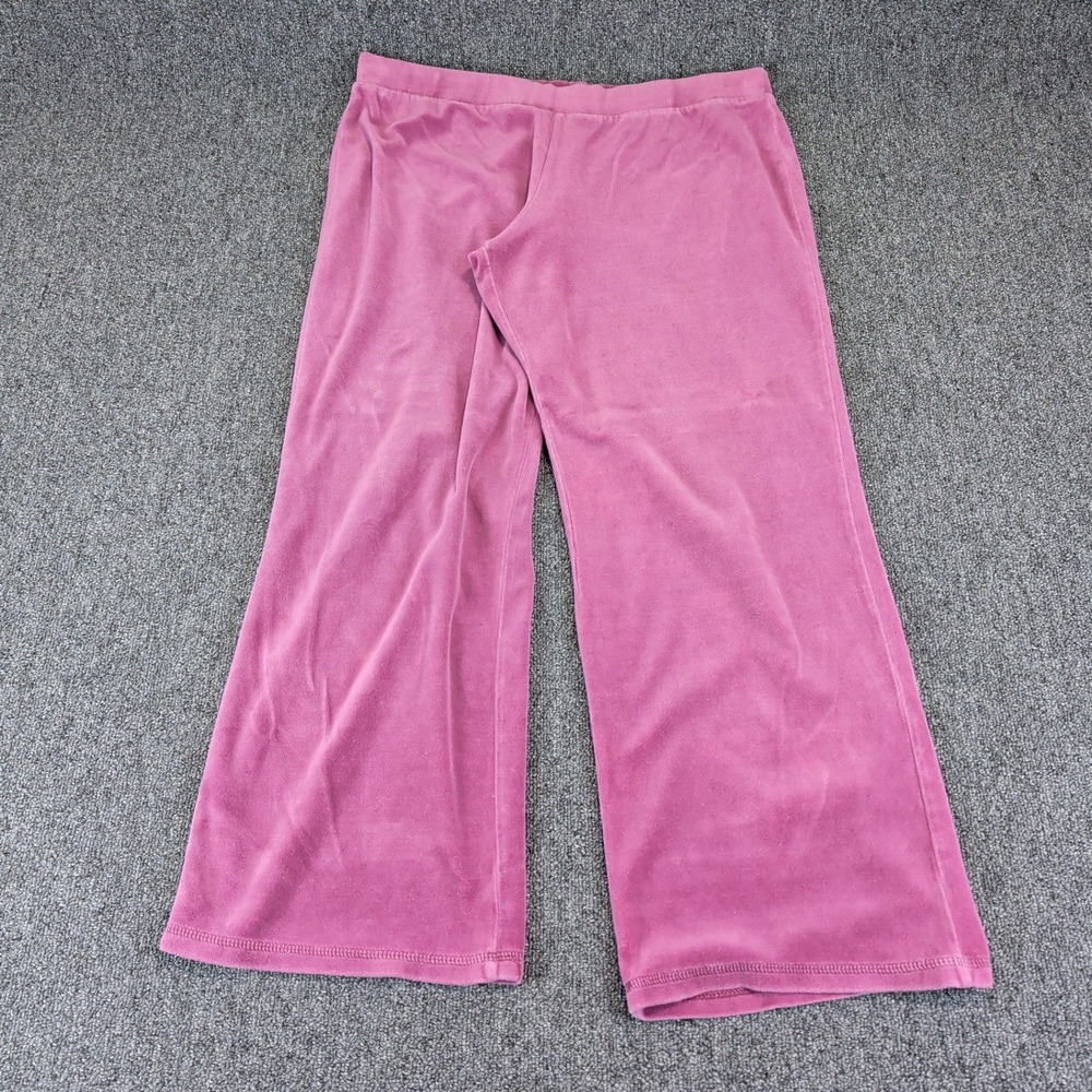 Hanes Womens Velour Lounge Pants Large Pink Cotton Blend Wide Leg Y2K Retro Flaw